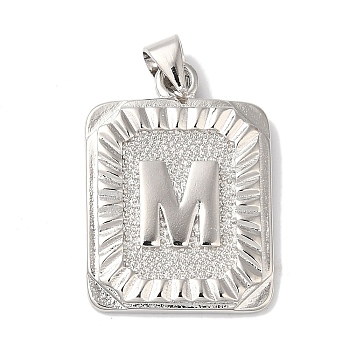 Rack Plating Brass Pendants, Long-Lasting Plated, Lead Free & Cadmium Free, Square with Letter Charms, Letter M, 24x17x2.5mm, Hole: 4x3.5mm