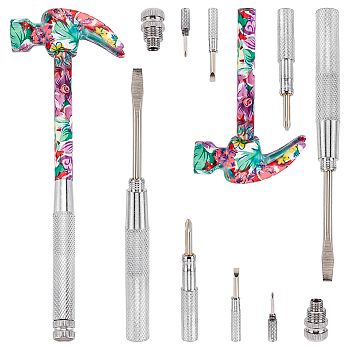 Flower Print Brass & Iron Hammer Set, 6-in-1 Multi-Functional Screwdriver, Platinum, 20.6x7.1x2.3cm