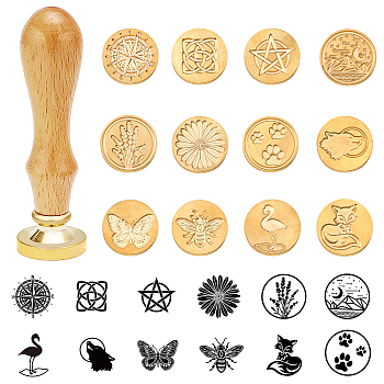 DIY Stamp Making, with Brass Wax Seal Stamp Head and Beech Wood Handles, Golden, 25x14mm, 12patterns, 1pc/pattern, 12pcs/set