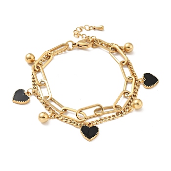 Resin Heart and Round Ball Charm Multi-strand Bracelet, Vacuum Plating 304 Stainless Steel Double Layered Chains Bracelet for Women, Golden, 7-1/2 inch(19cm)