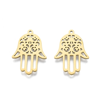 201 Stainless Steel Pendant, Hollow Charms, Hamsa Hand/Hand of Miriam with Flower, Real 18K Gold Plated, 27x19x1.5mm, Hole: 1.4mm