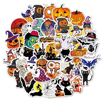 50Pcs Halloween Holographic Vinyl Waterproof Cartoon Stickers, Self Adhesive Decals for Art Craft, Halloween Themed Pattern, 22~70x39.5~82x0.3mm