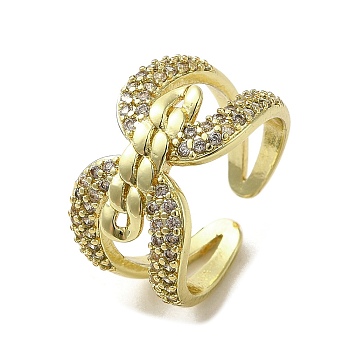 Rack Plating Brass with Clear Cubic Zirconia Cuff Rings, Lead Free & Cadmium Free, Long-Lasting Plated, Real 18K Gold Plated, Twist, Inner Diameter: 16.8mm