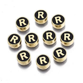 Alloy Enamel Beads, Cadmium Free & Lead Free, Light Gold, Flat Round with Alphabet, Black, Letter.R, 8x4mm, Hole: 1.5mm
