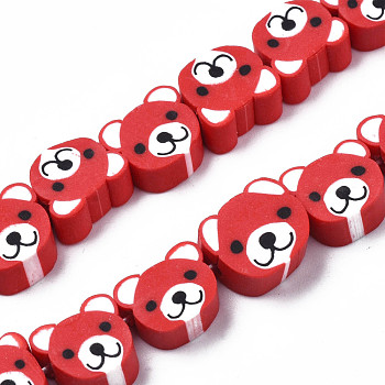 Handmade Polymer Clay Bead Strands, Bear Head, Red, 7.5~10x9~11x4mm, Hole: 1.6mm, about 37~40pcs/strand, 13.58 inch~15.35 inch(34.5~39cm)