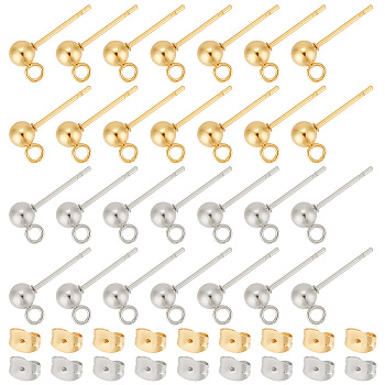 202 Stainless Steel Ball Stud Earring Findings, with 304 Stainless Steel Pins, Ear Nuts and Loop, Round, Golden & Stainless Steel Color, Earring Findings: 15mm, Hole: 2mm, Pin: 0.7mm, 40pcs/box, Ear Nuts: 40pcs/box