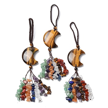 Moon Natural Tiger Eye Pendant Decorations, Nylon Cord and Gemstone Chip Tassel Hanging Ornaments, 150~155mm