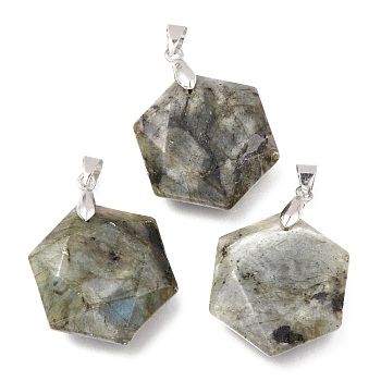 Faceted Natural Labradorite Pendants, with Platinum Tone Brass Findings, Hexagon, 28x25x9mm, Hole: 4x5mm