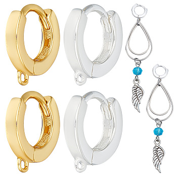 2 Pairs 2 Colors 925 Sterling Silver Hoop Earring Findings, with Horizontal Loops, Golden & Silver, 20 Gauge, 11x9.5x2mm, Hole: 1mm, Pin: 0.8mm, 1 Pair/color