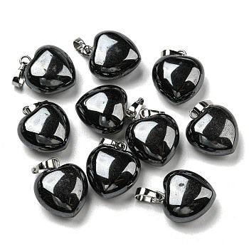 Natural Black Stone Pendants, with Platinum Tone Brass Findings, Heart Charm, 18x15~15.5x6~8mm, Hole: 6x3mm