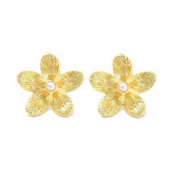 Rack Plating Flower Brass ABS Imitation Pearl Stud Earrings, Lead Free & Cadmium Free, Long-Lasting Plated, Real 18K Gold Plated, 21.5x22.5mm