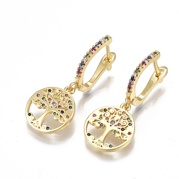 Brass Micro Pave Cubic Zirconia Dangle Hoop Earrings, Flat Round with Tree of Life, Golden, 33.5mm, Pin: 2x0.8mm