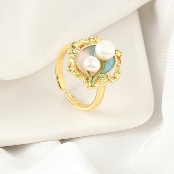 Brass Enamel Cuff Rings, with Natural Freshwater Pearl, Real 18K Gold Plated, Oval with Flower, Turquoise, Inner Diameter: 16mm