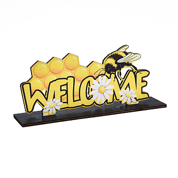 Wood Tabletop Display Decorations, Table Centerpiece Welcome Sign, Single-Sided Printed Bees, Gold, 200x45x85mm