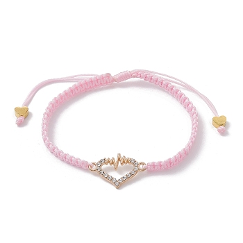 Alloy Rhinestone Heart Link Bracelet, Nylon Thread Braided Adjustable Bracelet, Pink, Inner Diameter: 2~3-1/4 inch(5.2~8.3cm)