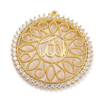 Brass Micro Pave Clear Cubic Zirconia Pendants, Long-Lasting Plated, Flat Round with Allah, Golden, 41x39x3mm, Hole: 1.3mm