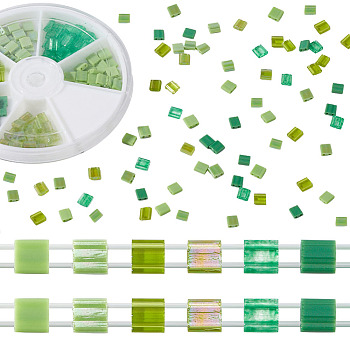 240Pcs 6 Colors Transparent & Opaque 2-Hole Glass Seed Beads, AB Colours, Rectangle, Green, 5x4.5~5.5x2~2.5mm, Hole: 0.5~0.8mm, 40Pcs/color