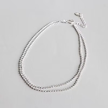 Anti-Tarnish Rhodium Plated 925 Sterling Silver Multi-strand Ball Chain Anklet with Tiny Oval Charm, Women's Jewelry for Summer Beach, Silver, 8-1/8 inch(20.5cm)