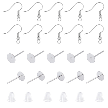 Earring Findings Sets, with 304 Stainless Steel Stud Earring Findings, 316 Stainless Steel Earring Hooks and Plastic Ear Nuts, Stainless Steel Color, 400pcs/box