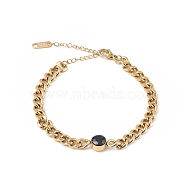 Jet Rhinestone Flat Round Link Bracelet with Curb Chains, Ion Plating(IP) 304 Stainless Steel Jewelry for Women, Golden, 7-1/8 inch(18cm)(BJEW-G669-20G)