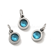 304 Stainless Steel Pendants, with Cubic Zirconia and Jump Rings, Single Stone Charms, Flat Round, Stainless Steel Color, Cyan, 7.5x5.5x2.5mm, Hole: 3.6mm(STAS-D189-07P-A07)