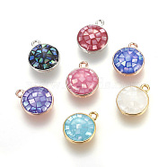 Brass Enamel Charms, with Freshwater Shell, Flat Round, Mixed Color, 10x3mm, Hole: 1.2mm(KK-E763-13)