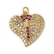 Rack Plating Brass Micro Pave Cubic Zirconia Pendants, with Jump Ring, Long-Lasting Plated, Lead Free & Cadmium Free, Valentine Heart, I LOVE YOU Charm, Real 18K Gold Plated, 21x20x3.5mm, Hole: 3mm(KK-K377-78G)
