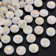 Natural Freshwater Shell Beads, with Golden Plated Brass Metal Embellishments, Flat Round with Mixed Pattern, Seashell Color, 8x3.5mm, Hole: 0.7mm(SHEL-S278-065)
