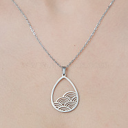201 Stainless Steel Hollow Teardrop Pendant Necklace, Stainless Steel Color, 17.72 inch(45cm)(NJEW-OY002-25)