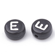 Opaque Acrylic Beads, Horizontal Hole, Alphabet Style, Flat Round, Letter.E, 7x4mm, Hole: 1.5mm, about 370pcs/50g(X-SACR-N002-02E)