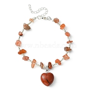 Natural Red Jasper Heart Charm Bracelet with Chips Beaded Chains, Brass Bracelet, 9 inch(22.8cm)(BJEW-TA00295-04)