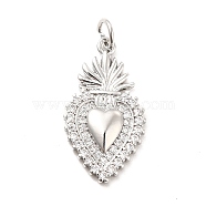 Rack Plating Brass Micro Pave Cubic Zirconia Pendants, Sacred Heart Charm, Mexican Milagro Flaming Holy Heart Charm, Long-Lasting Plated, with Jump Rings, Cadmium Free & Lead Free, Real Platinum Plated, 22.5x12.5x2.5mm, Hole: 3mm(KK-K270-22P)
