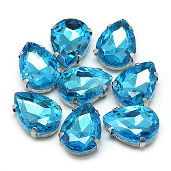 Sew on Rhinestone, Multi-strand Links, Glass Rhinestone, with 201 Stainless Steel Prong Settings, Garments Accessories, Faceted, teardrop, Deep Sky Blue, 10x7x5mm, Hole: 0.8~1mm(RGLA-T035-7x10mm-13)