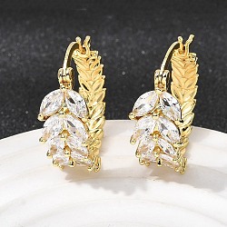 Leaf Brass Micro Pave Cubic Zirconia Hoop Earrings, Long-Lasting Plated, Cadmium Free & Lead Free, Golden, 21.5x20.5x9mm(EJEW-P333-03G)