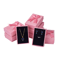 Cardboard Jewelry Boxes, with Ribbon Bowknot and Sponge, For Rings, Earrings, Necklaces, Rectangle, Pink, 9.3x6.3x3.05cm(X-CBOX-L004-A01)