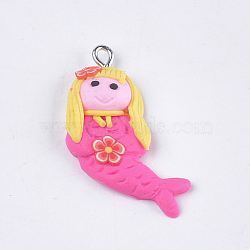Handmade Polymer Clay Pendants, with Iron Findings, Mermaid, Platinum, Hot Pink, 33~36x21~23x5~6mm, Hole: 1.5mm(CLAY-S093-01C)