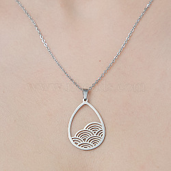 201 Stainless Steel Hollow Teardrop Pendant Necklace, Stainless Steel Color, 17.72 inch(45cm)(NJEW-OY002-25)