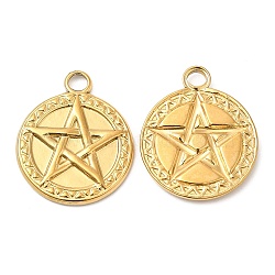 304 Stainless Steel Pendant, Flat Round with Star Charm, Real 18K Gold Plated, 20x17x2mm, Hole: 3mm(STAS-Z041-24G)