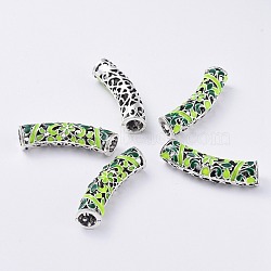 Alloy Enamel Tube Beads, Large Hole Beads, Curved, Hollow, Antique Silver, Green, 44x10~11mm, Hole: 7mm(ENAM-I022-005AS)