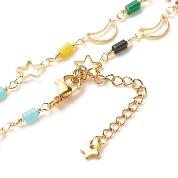 Brass Star & Moon Link Chain Necklace with Glass Beads, Golden, Colorful, 16.14 inch(41cm)