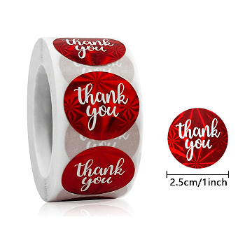 Self-Adhesive Paper Thank You Roll Stickers, Laser Style Round Dot Gift Tag Sticker, for Party Presents Decoration, Red, 25mm, about 500pcs/roll.