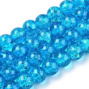 Spray Painted Crackle Transparent Glass Beads Strands, Round, Deep Sky Blue, 6mm, Hole: 1.3~1.6mm, about 133pcs/strand, 31.4 inch