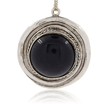 Alloy Resin Big Pendants, Flat Round, Antique Silver Meatl Color, Black, 63x55x14mm, Hole: 3.5mm
