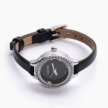 Alloy Cowhide Leather Waterproof Japanese PC Movement Mechanical Wristwatches, with Stainless Steel Clasps, Black, 200x6mm, Watch Head: 28x25x9mm, Watch Face: 19mm