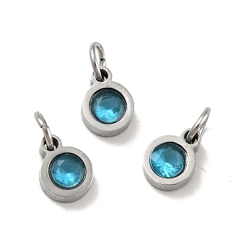304 Stainless Steel Pendants, with Cubic Zirconia and Jump Rings, Single Stone Charms, Flat Round, Stainless Steel Color, Cyan, 7.5x5.5x2.5mm, Hole: 3.6mm