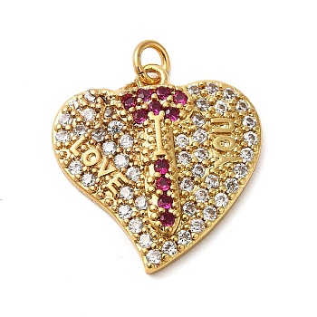 Rack Plating Brass Micro Pave Cubic Zirconia Pendants, with Jump Ring, Long-Lasting Plated, Lead Free & Cadmium Free, Valentine Heart, I LOVE YOU Charm, Real 18K Gold Plated, 21x20x3.5mm, Hole: 3mm