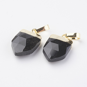 Natural Black Agate Pendants, with Brass Findings, Faceted, Arrow, Golden, 17x10x4.5mm, Hole: 4x6mm