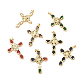 Rack Plating Brass Pendants, with Glass Cubic Zirconia, Religion Cross with Virgin Mary Charm, Cadmium Free & Lead Free, Long-Lasting Plated, Real 18K Gold Plated, Mixed Color, 47x29x5.5mm, Hole: 5x3mm