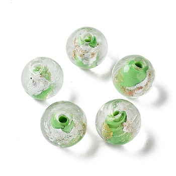 Handmade Lampwork Bead, with Gold Foil, Round, Spring Green, 11.5~12x11~11.5mm, Hole: 1.8~2mm