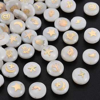 Natural Freshwater Shell Beads, with Golden Plated Brass Metal Embellishments, Flat Round with Mixed Pattern, Seashell Color, 8x3.5mm, Hole: 0.7mm